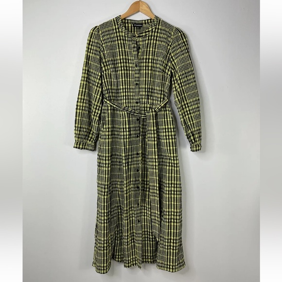 Whistles Nora Gingham Check Midi Dress UK 10 Yellow Seersucker Belted - Picture 2 of 5